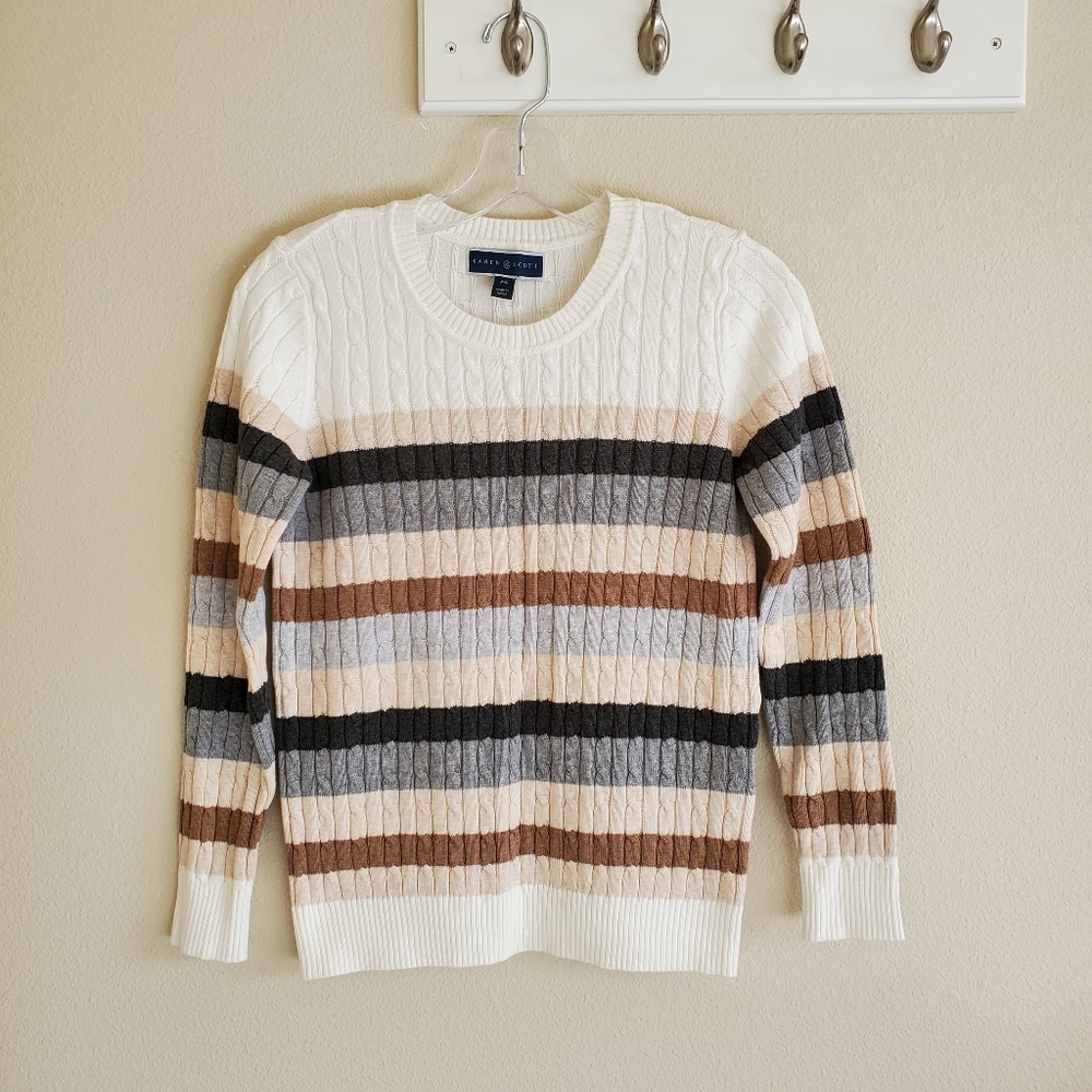 Karen Scott crew neck sweater PS Petite Cable Knit Striped New
